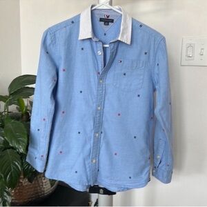Tommy Hilfiger Boys/Kids Logo Embroidered Button Up Shirt Sz L Blue White